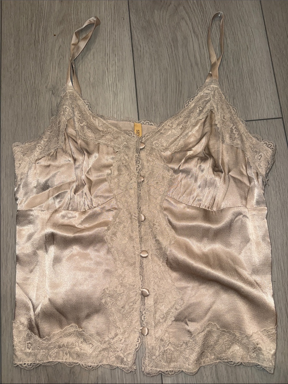 Shyanne Neutral Champagne Satin Lace Button-Front Cami